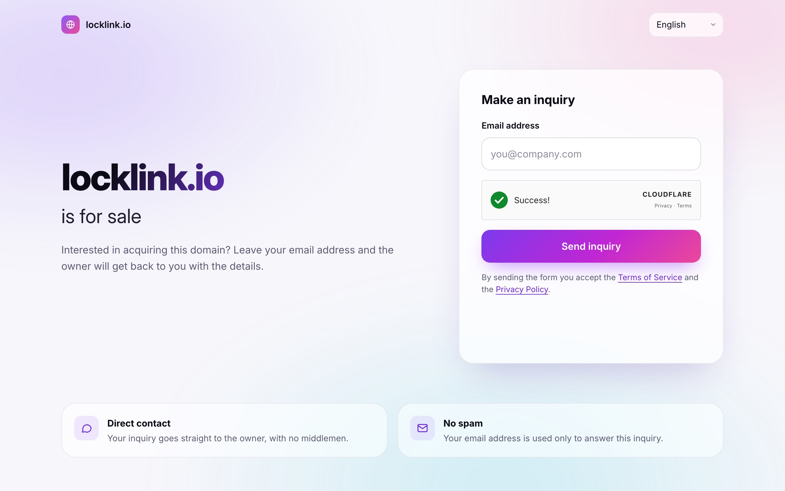 Sale page for locklink.io in the modern style with an inquiry form